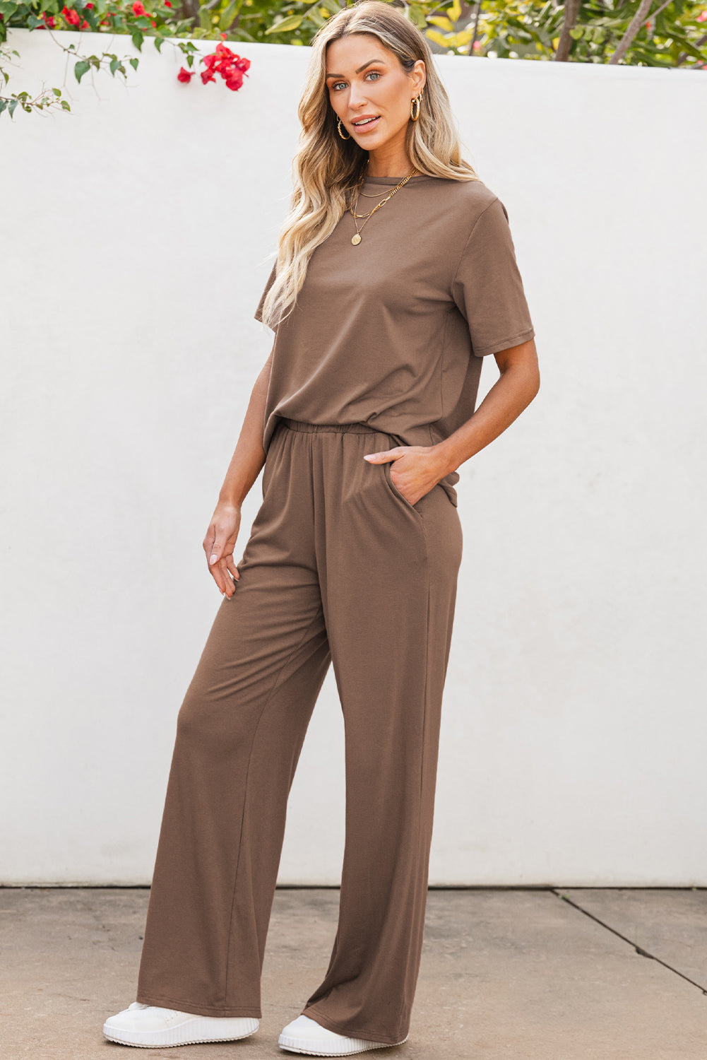 Coffee Brown Solid Color T Shirt 2pcs Wide Leg Pants Set