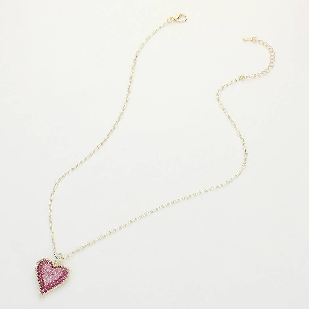 14K Gold Plated Stone Paved Heart Paperclip Chain Pendant Necklace