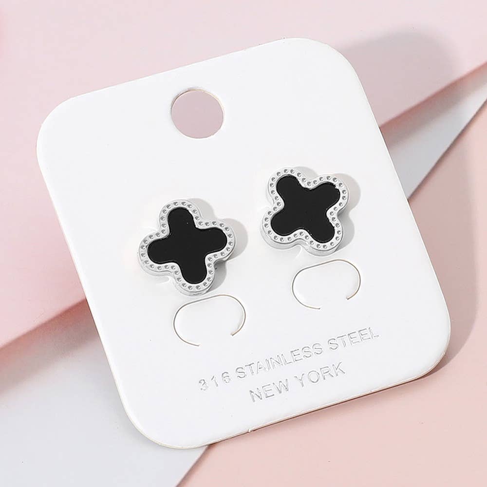Stainless Steel Quatrefoil Stone Cluster Stud Earrings