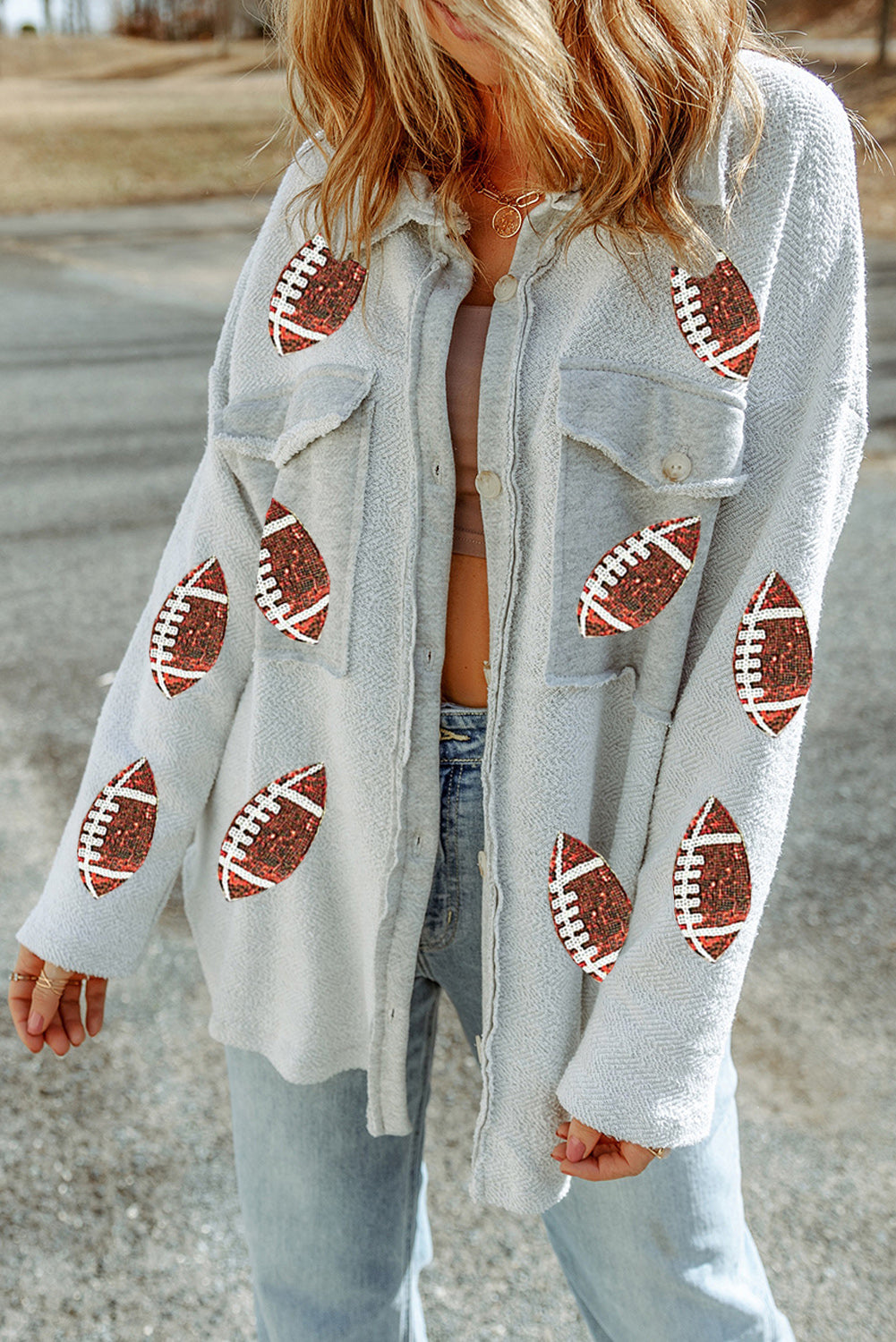 Gray Sequined Football Flap Pockets Buttoned Shacket