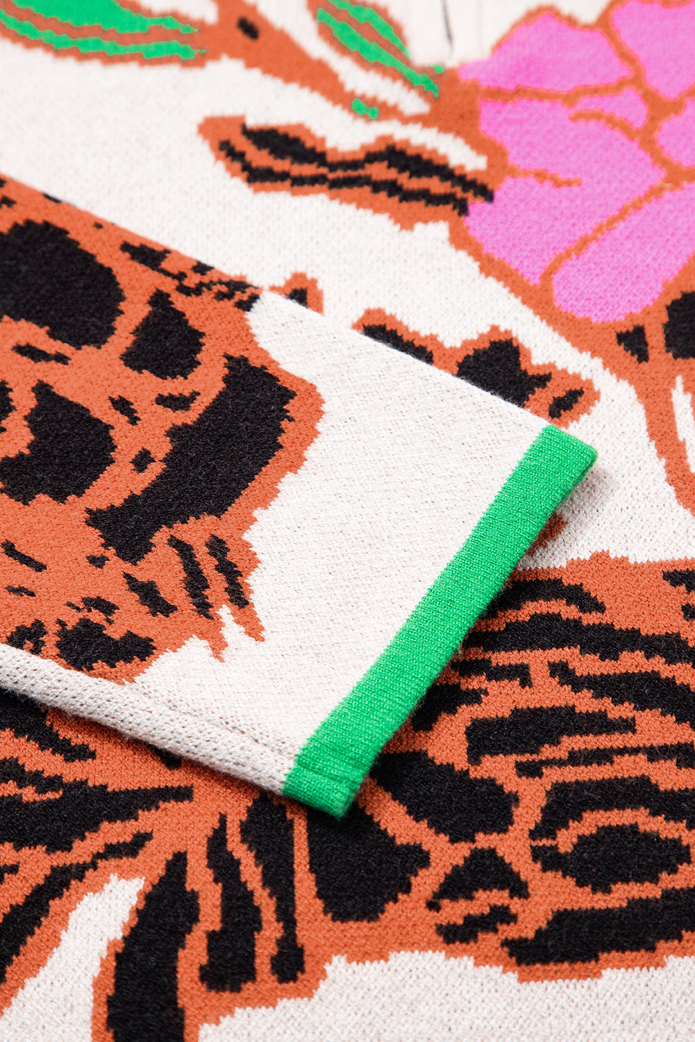 Khaki Floral Pattern Knit Quarter Zip Stand Neck Sweater