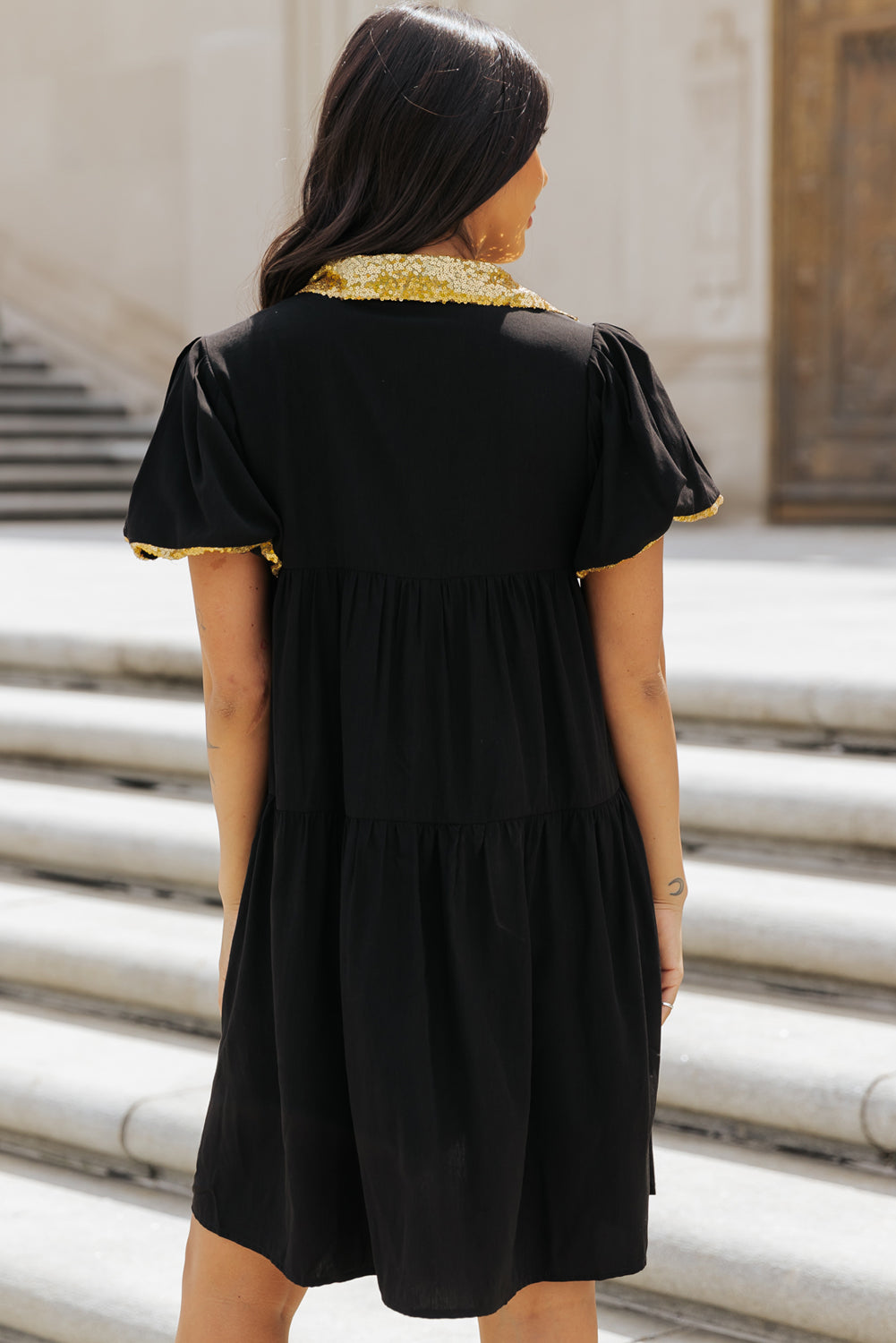Black Sequin Trim Bubble Sleeve Shirt Dress