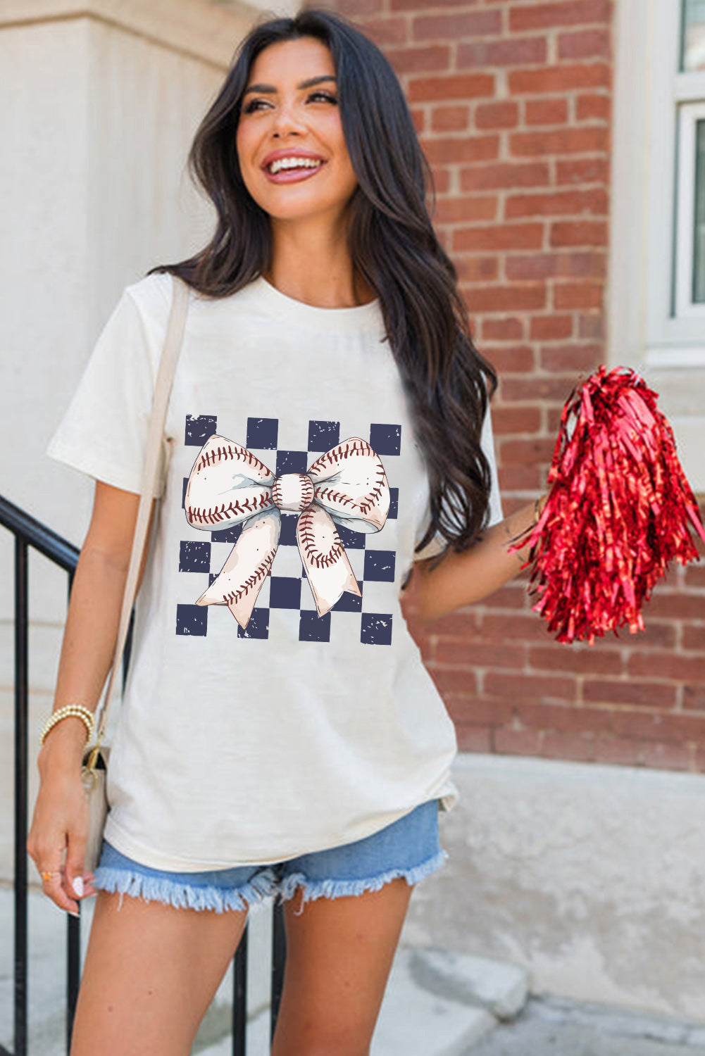 White Checkered Baseball Bowknot Graphic Crew T Shirt