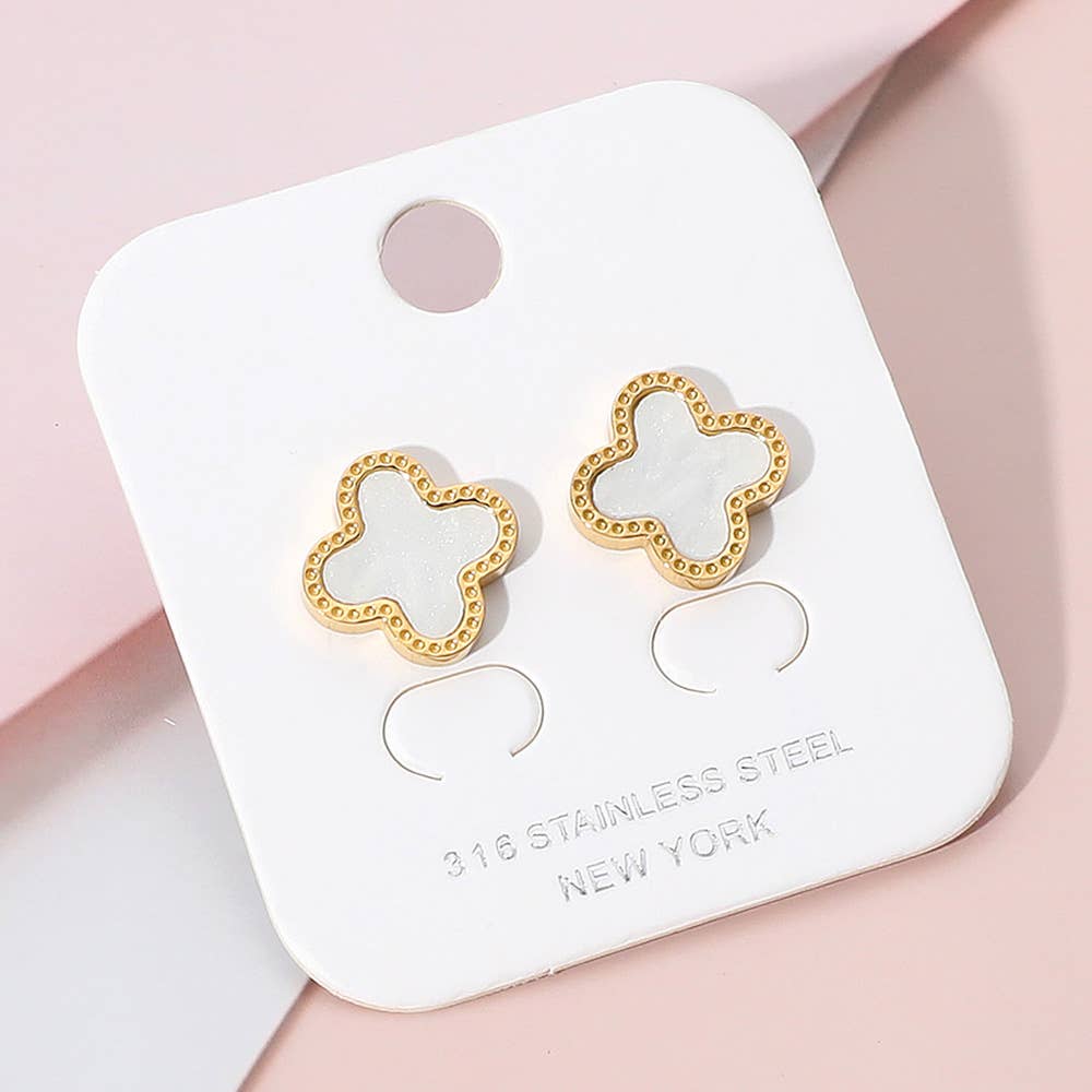 Stainless Steel Quatrefoil Stone Cluster Stud Earrings