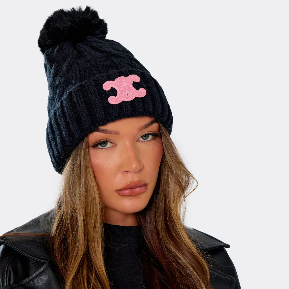Cable Knit Pom Pom Beanie Hat with Logo