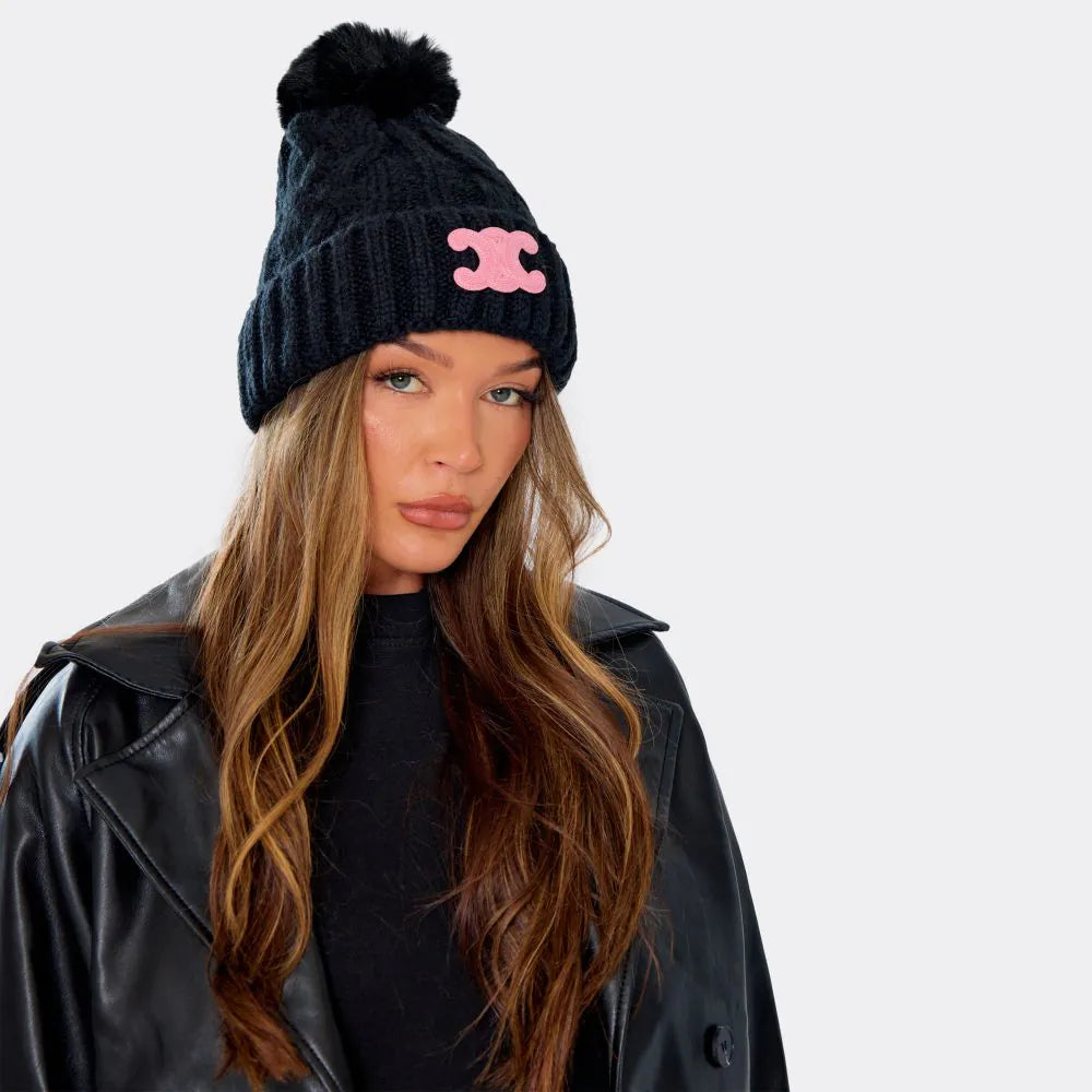 Cable Knit Pom Pom Beanie Hat with Logo