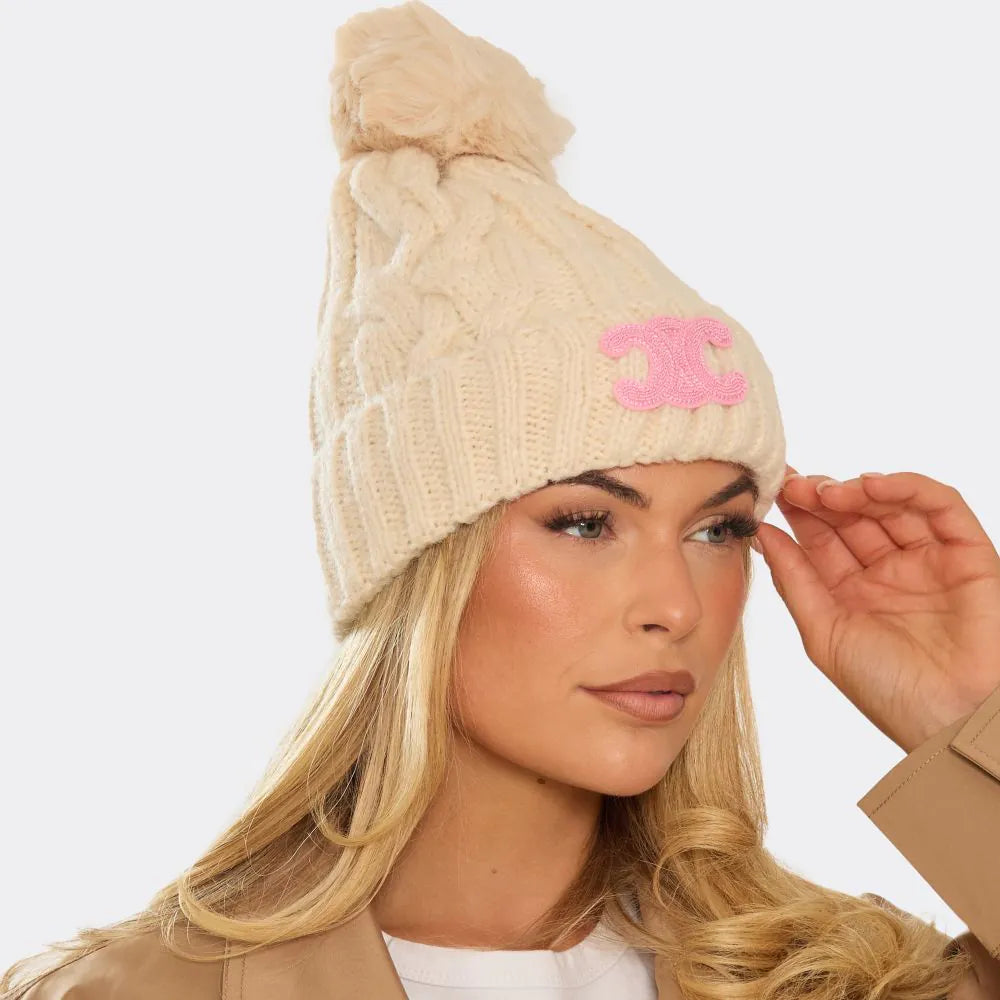 Cable Knit Pom Pom Beanie Hat with Logo