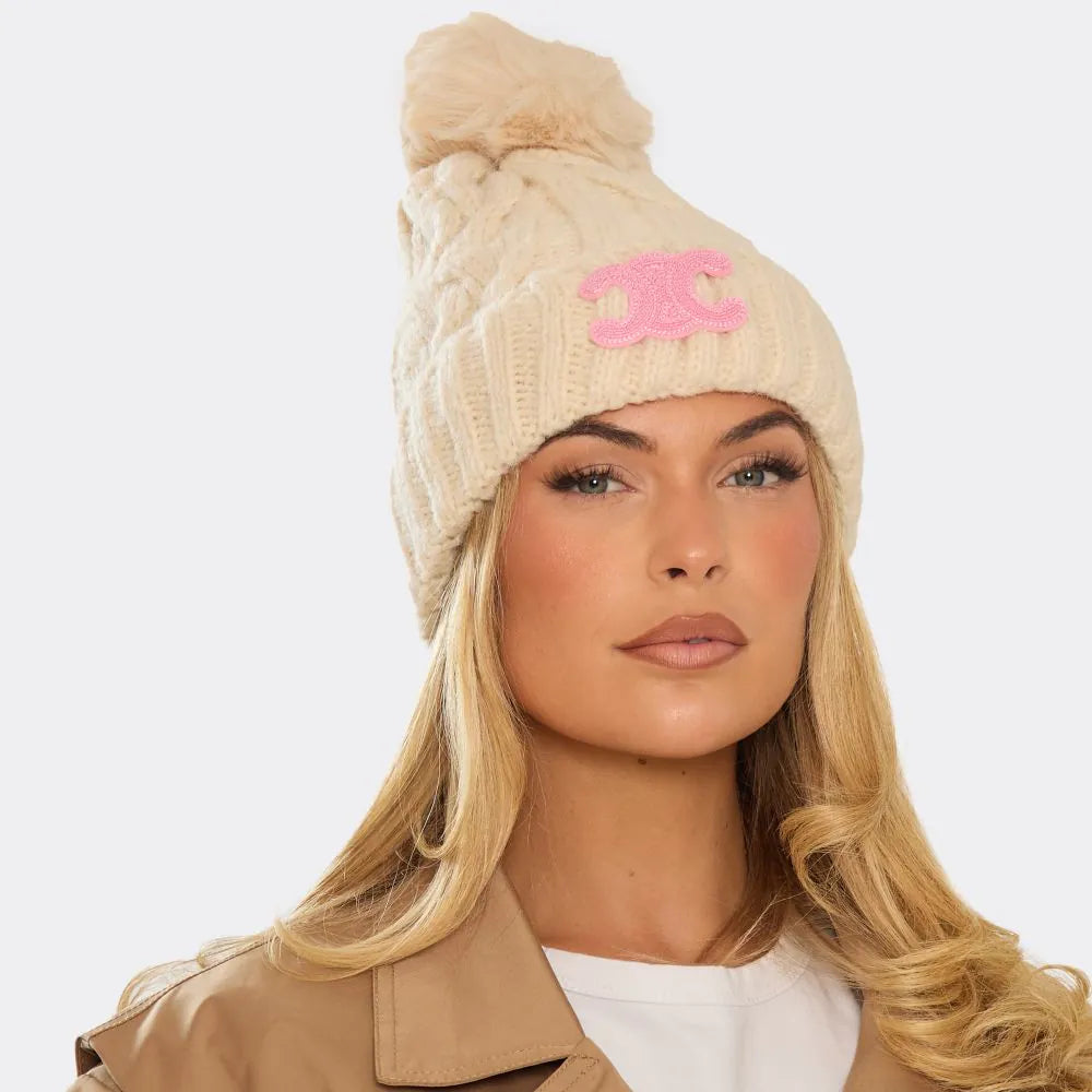 Cable Knit Pom Pom Beanie Hat with Logo
