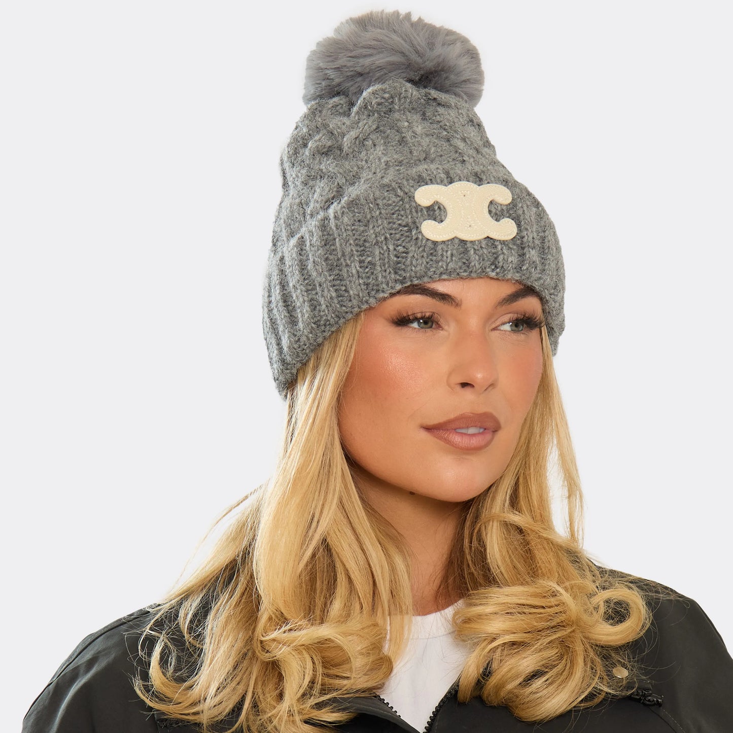 Cable Knit Pom Pom Beanie Hat with Logo