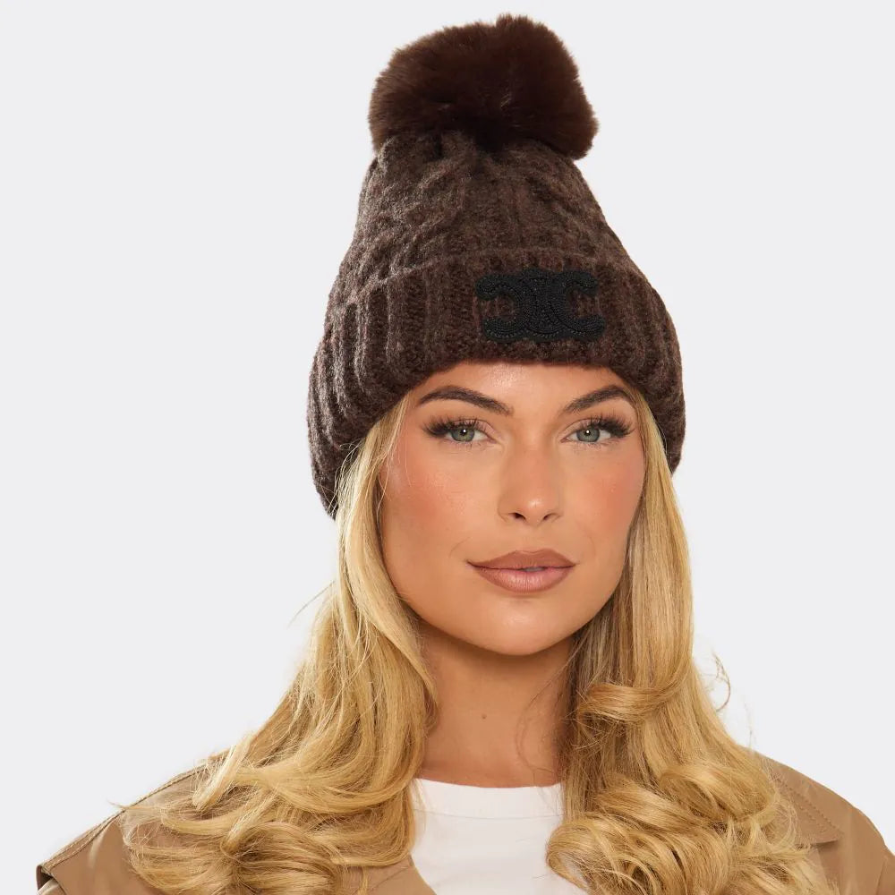 Cable Knit Pom Pom Beanie Hat with Logo