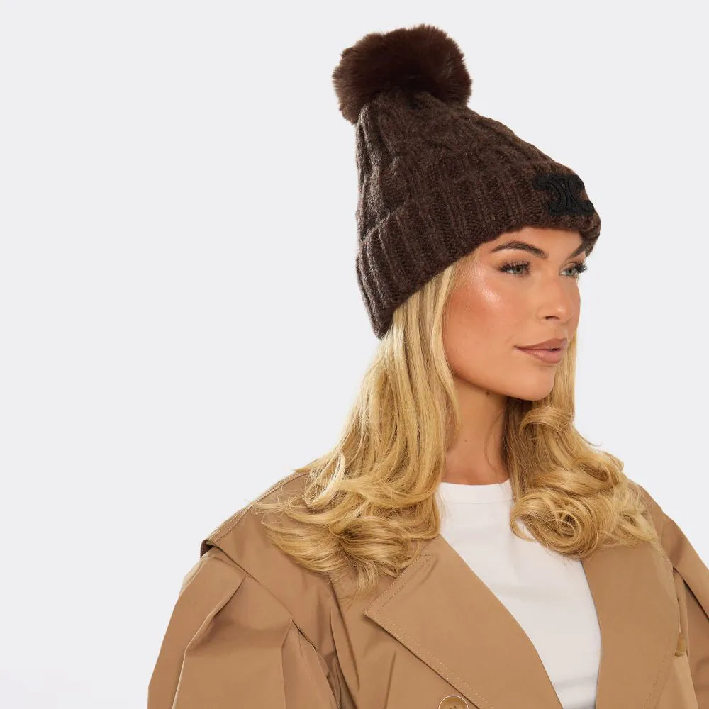 Cable Knit Pom Pom Beanie Hat with Logo