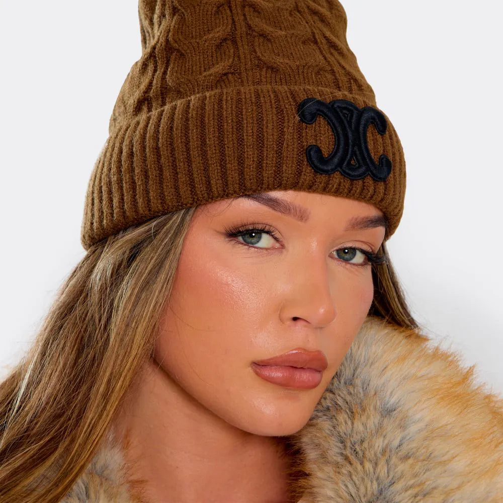 Cable Knit Beanie with Logo in Brown
