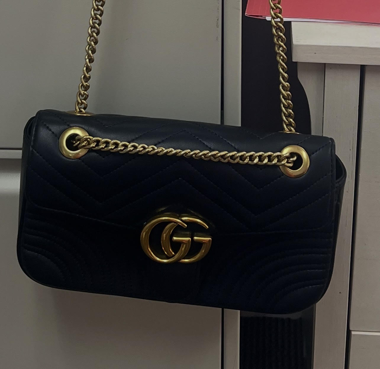 Black Chevron Quilted Bag with Gold Hardware