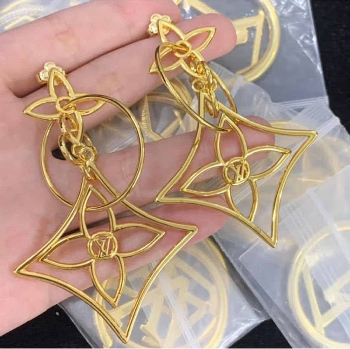 Gold Tone Oversized Floral Dangle Earrings