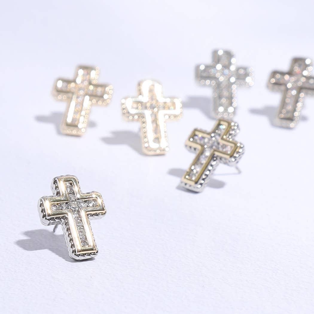 Cross Shape Pave Stone Stud Post Earring