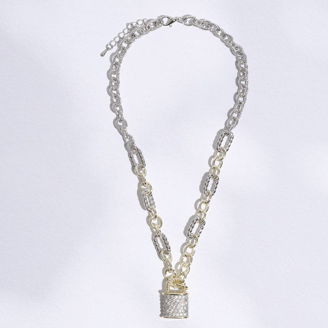 Linked Solid and Twisted Chain Lock Necklace