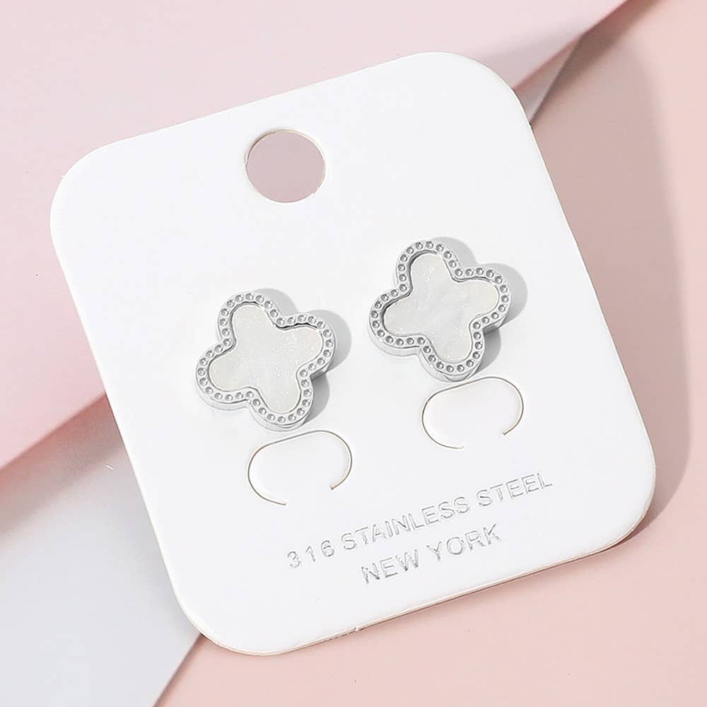 Stainless Steel Quatrefoil Stone Cluster Stud Earrings