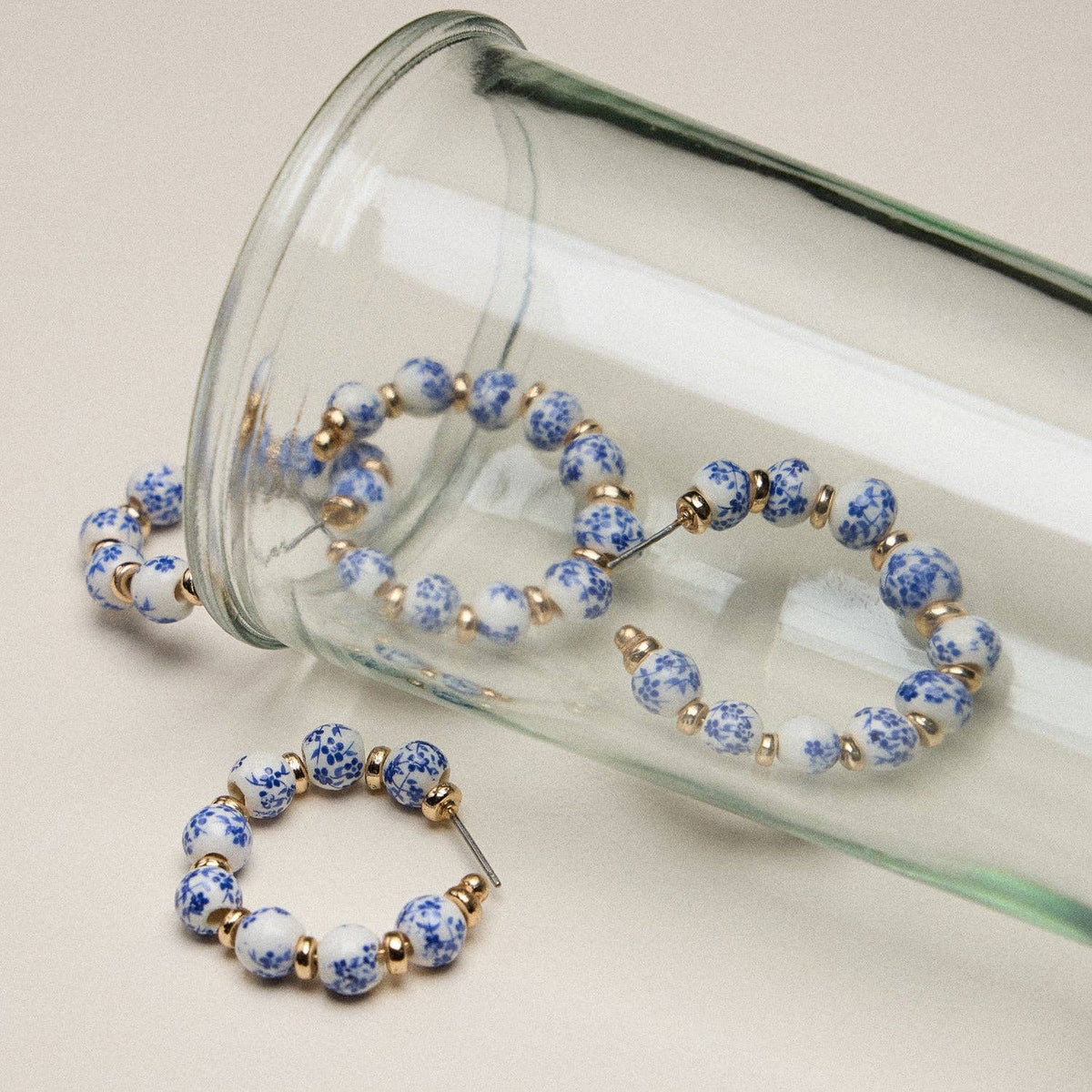 Ceramic Gold and Blue Beaded Hoop Earrings