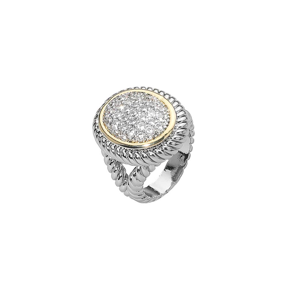 Two Tone CZ Stone Paved Round Statement Ring