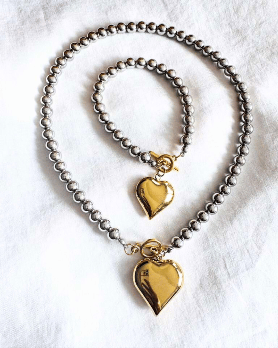 Silver Beaded Gold Charm Necklace & Bracelet Set