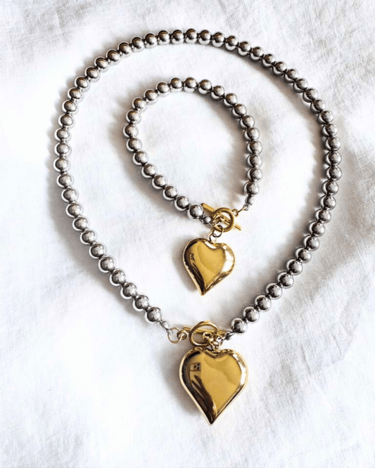 Silver Beaded Gold Charm Necklace & Bracelet Set