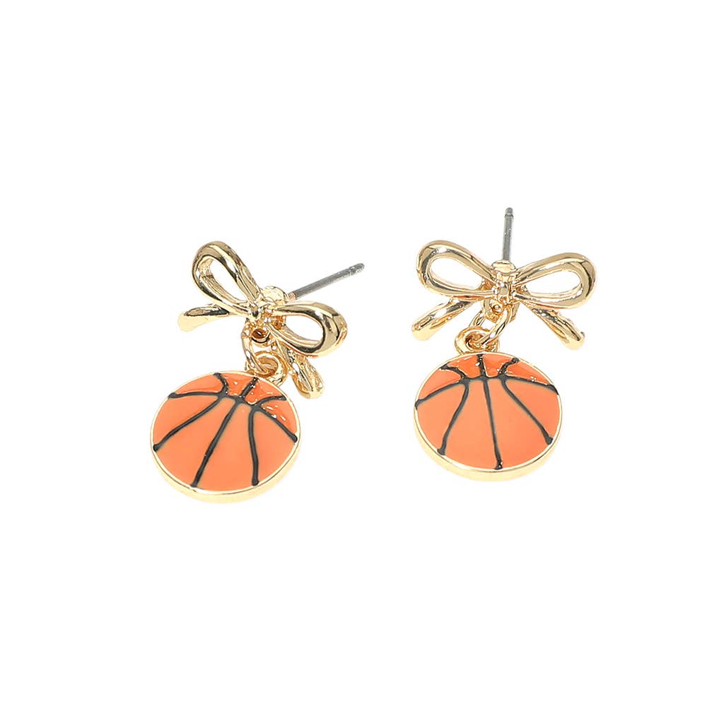 Gold Dipped Bow Basketball Drop Dangle Earrings