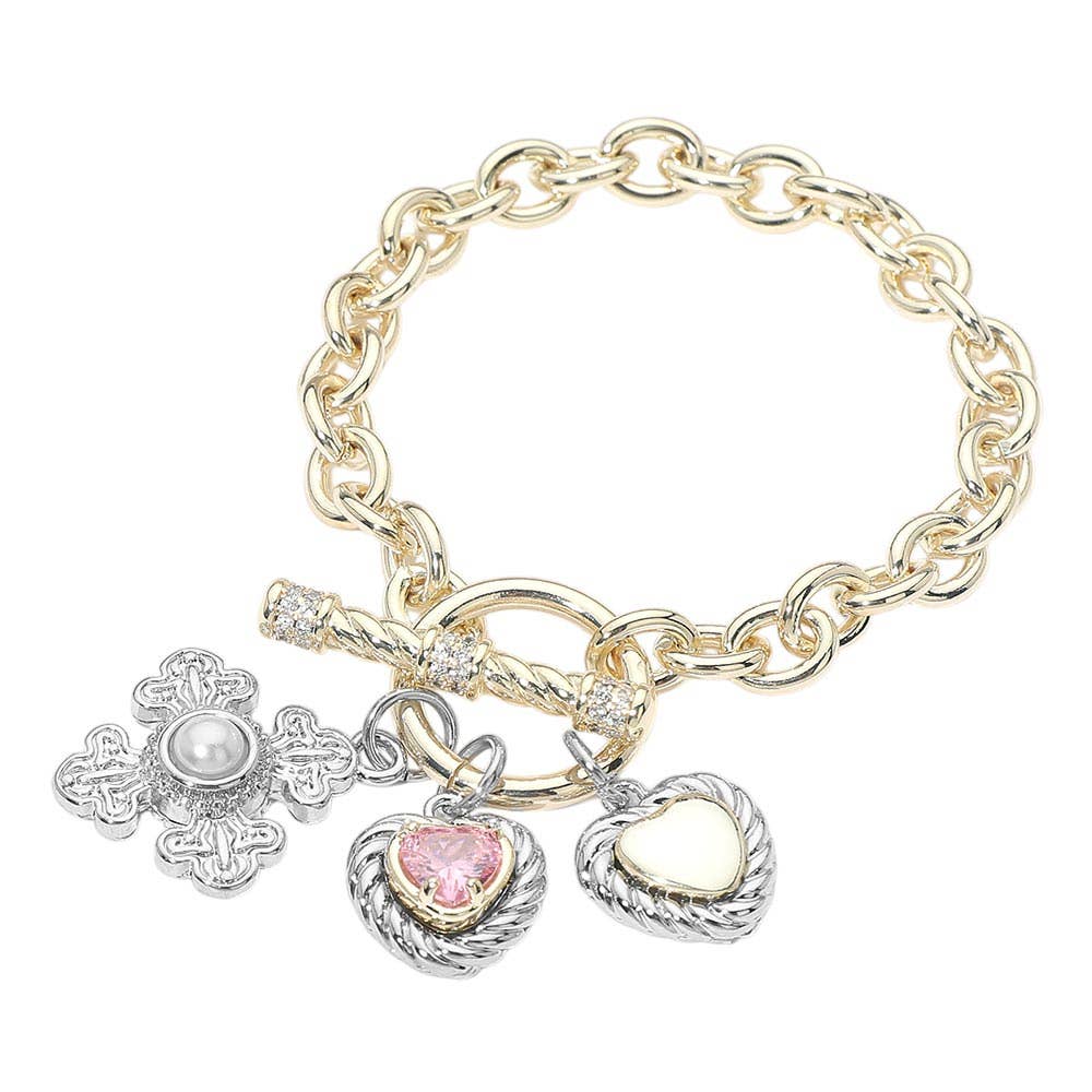 14K Gold Plated Pink Heart Pearl Accent Cross Charm Toggle Bracelet