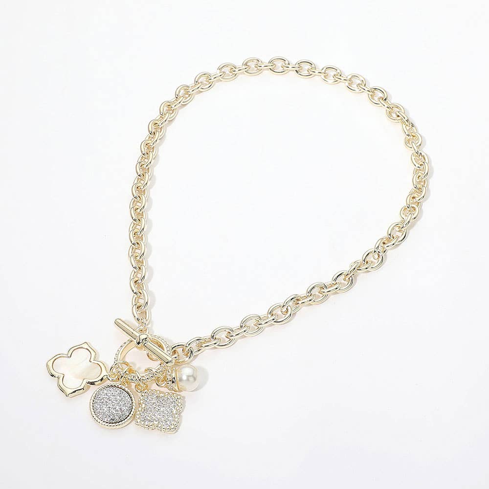 14K Gold Plated Pave Quatrefoil Pearl Floral Charm Pendant Toggle Necklace
