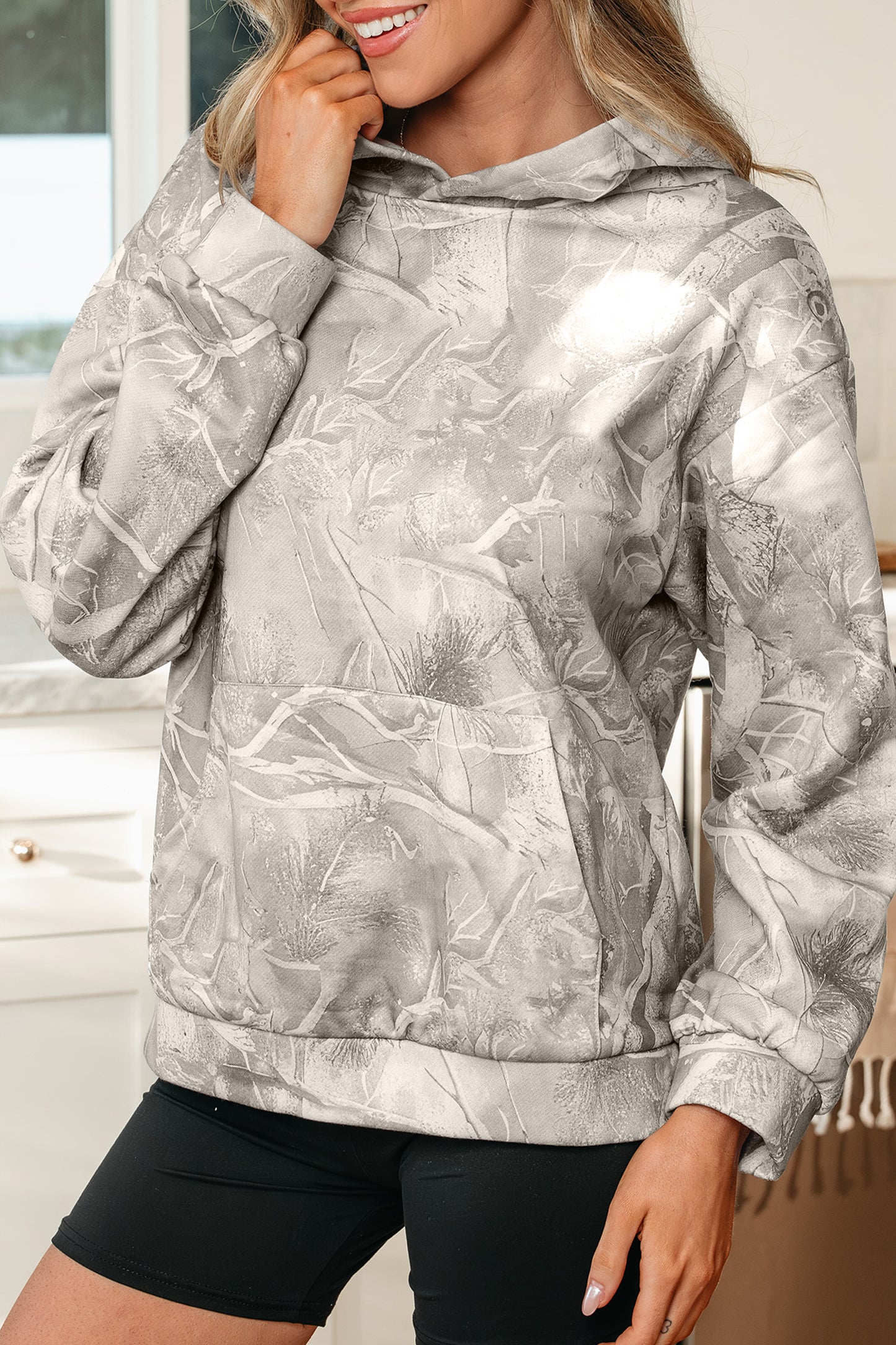 Beige Camouflage Woodland Print Oversized Sporty Hoodie