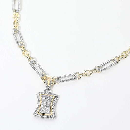 14K Gold Plated Two Tone Pave Rectangular Frame Pendant Necklace