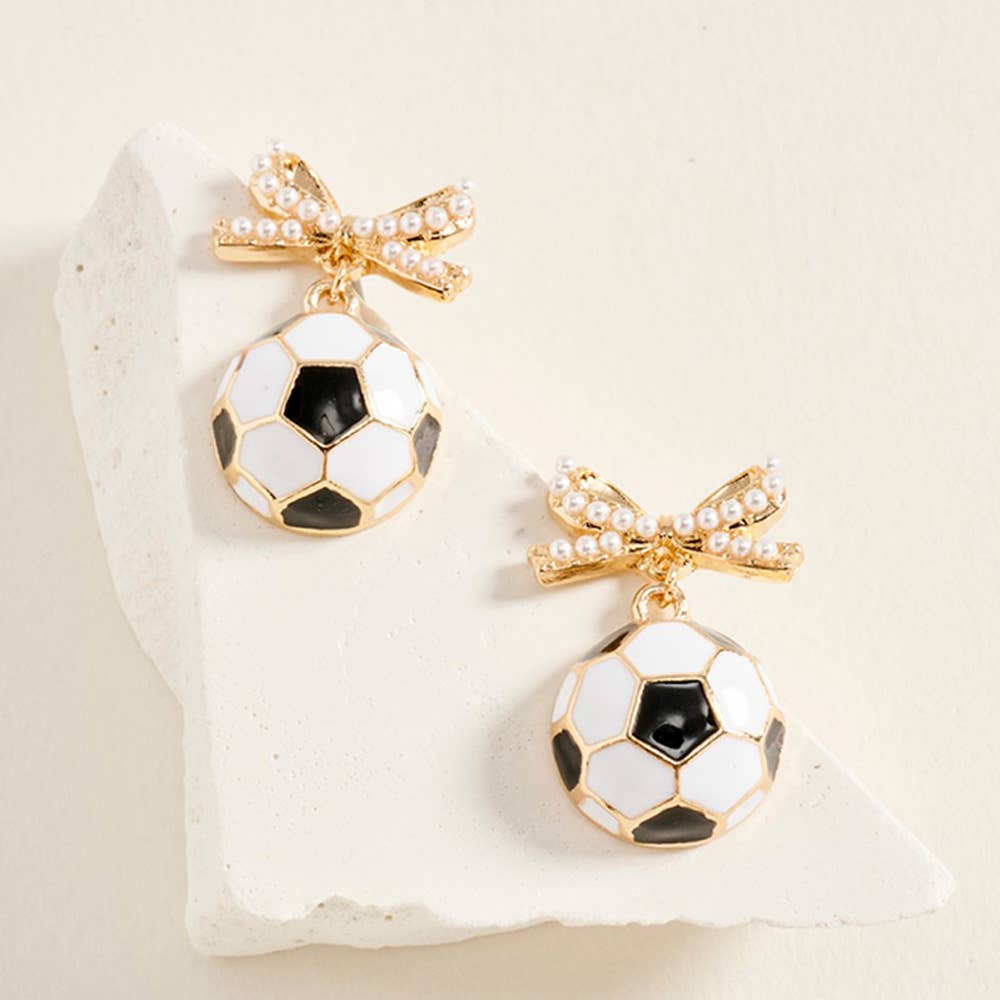 Pearl Bow Soccer Ball Drop Dangle Earrings