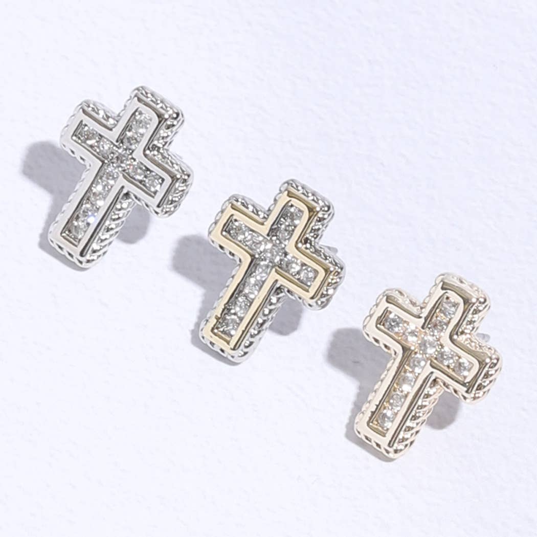 Cross Shape Pave Stone Stud Post Earring