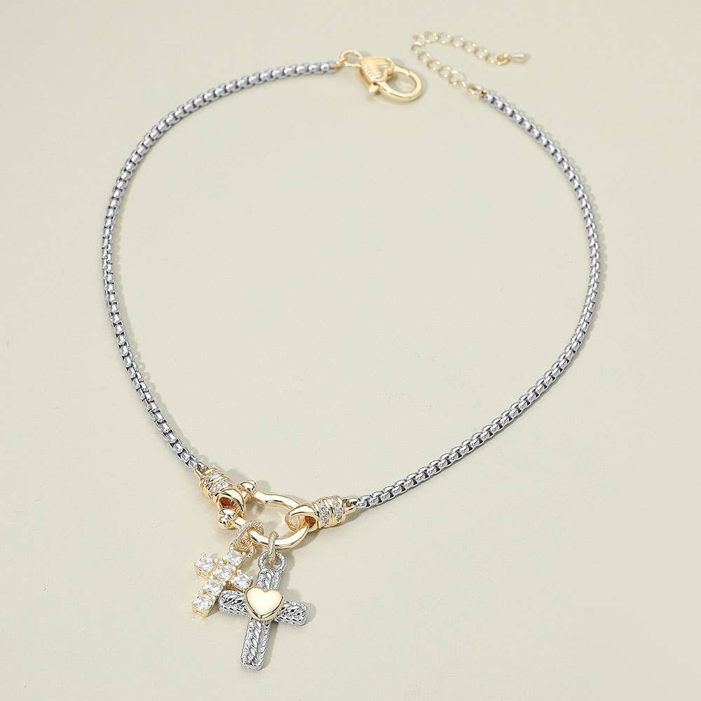 14K Gold Plated Stone Cross Two Tone Heart Cross Horsebit Carabiner Charm Necklace