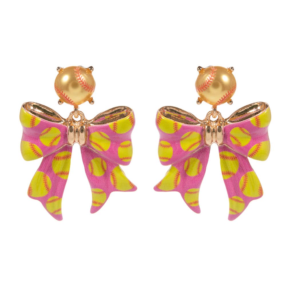 Softball Pink Bow Drop Earrings