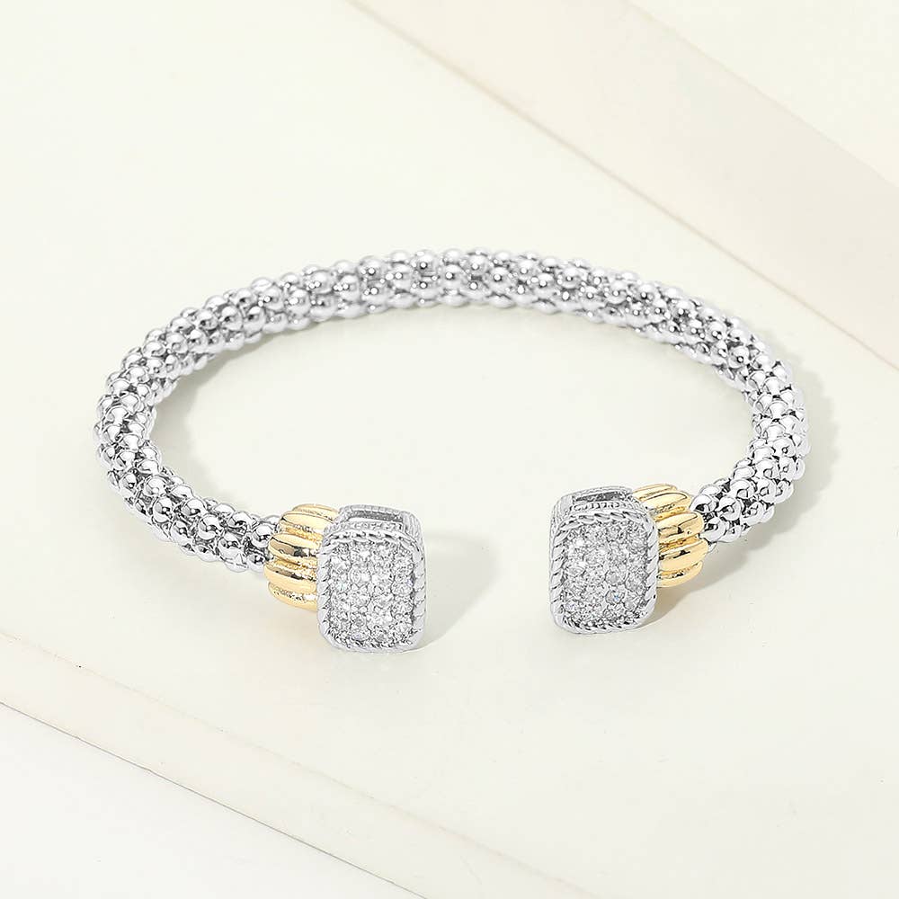 14K Gold Plated Two Tone Pave Rectangle Top Braided Cuff Bracelet