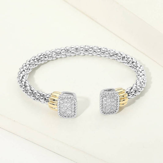 14K Gold Plated Two Tone Pave Rectangle Top Braided Cuff Bracelet