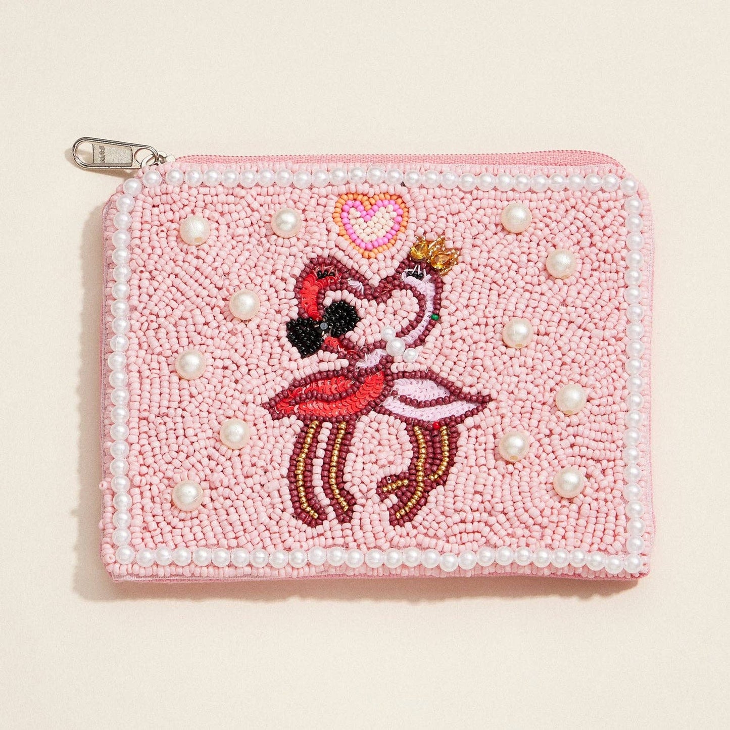 Beaded Pink Flamingo Zip Pouch – Glam Pearl-Embellished Clutch