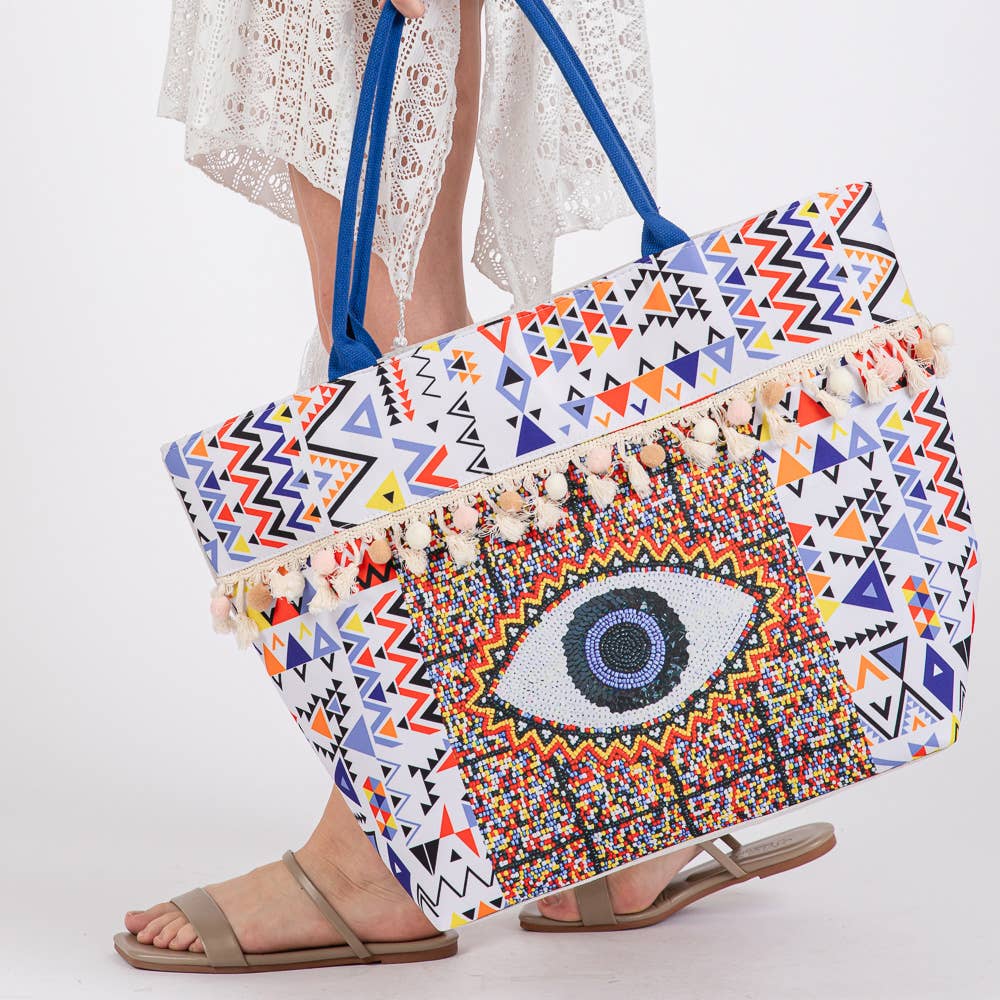 Evil Eye Boho Print Pom Pom fringe Tote Bag