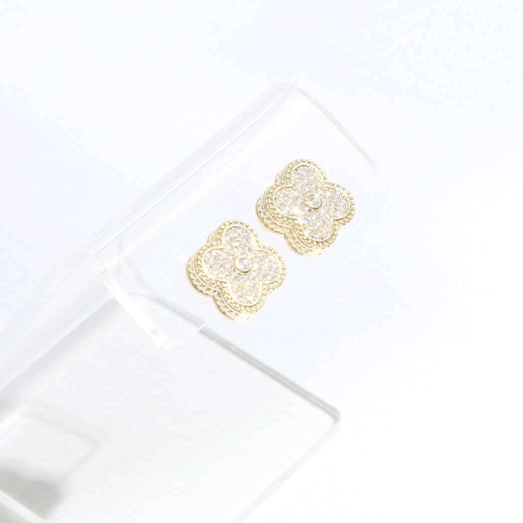 Gold Tone Outline Pave Clover Post Earrings