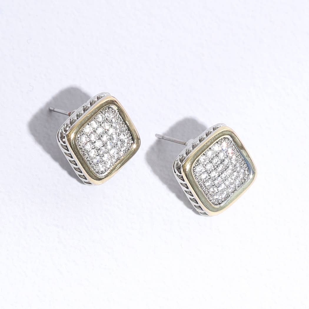 Two-Toned Square Pave Post Earrings