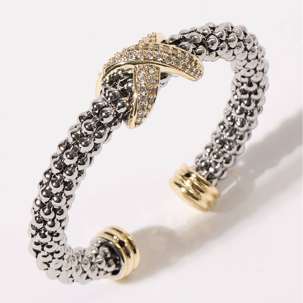 Pave Cross Bar Textured Cuff Bangle Bracelet