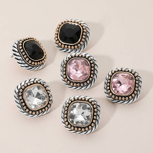 Bold Square Stone Centered Two Tone Metal Sud Earrings