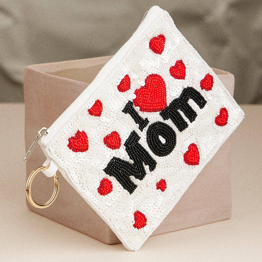 I Love Mom Beaded Pouch