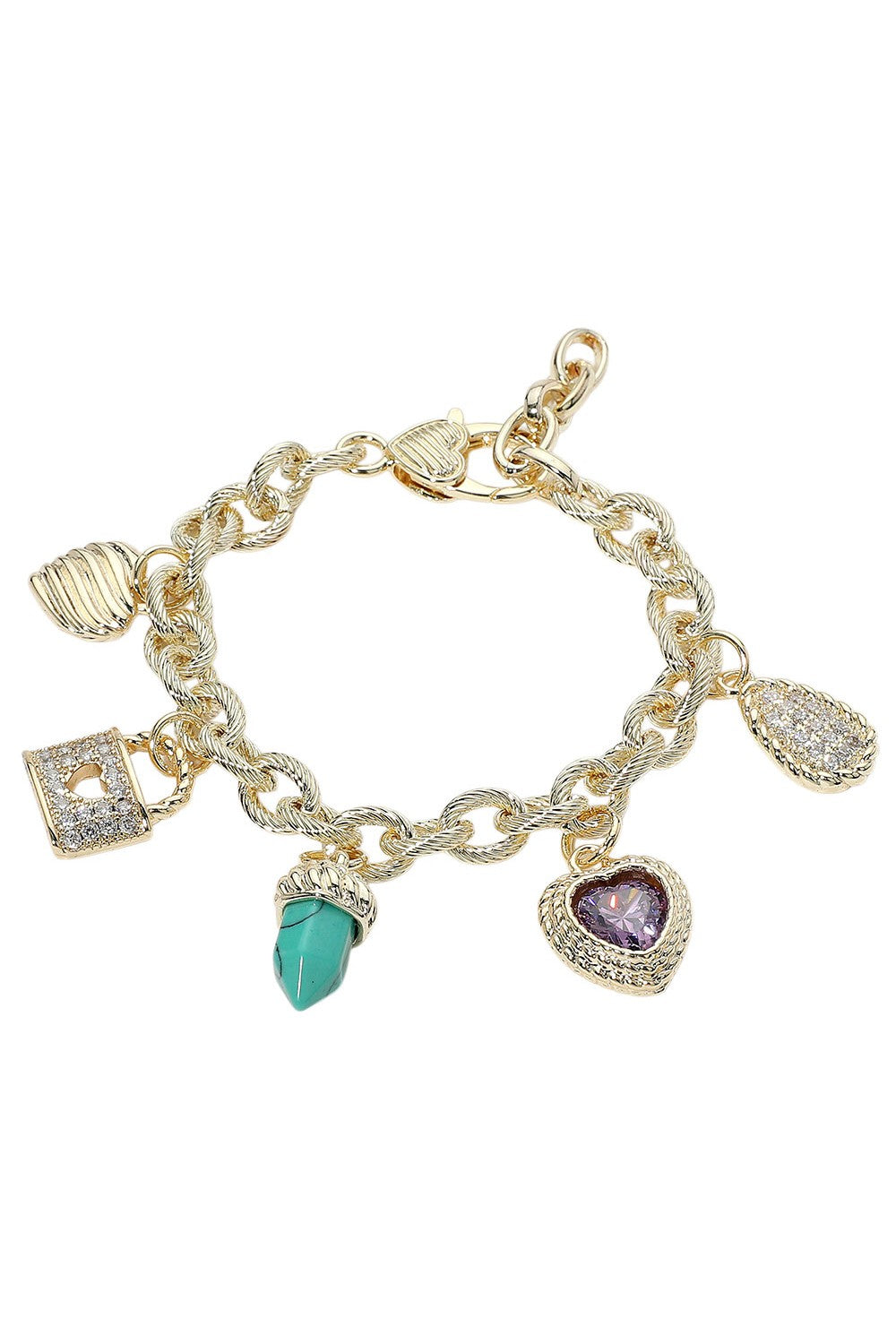 14k Gold Paved Lock Heart Station Bracelet