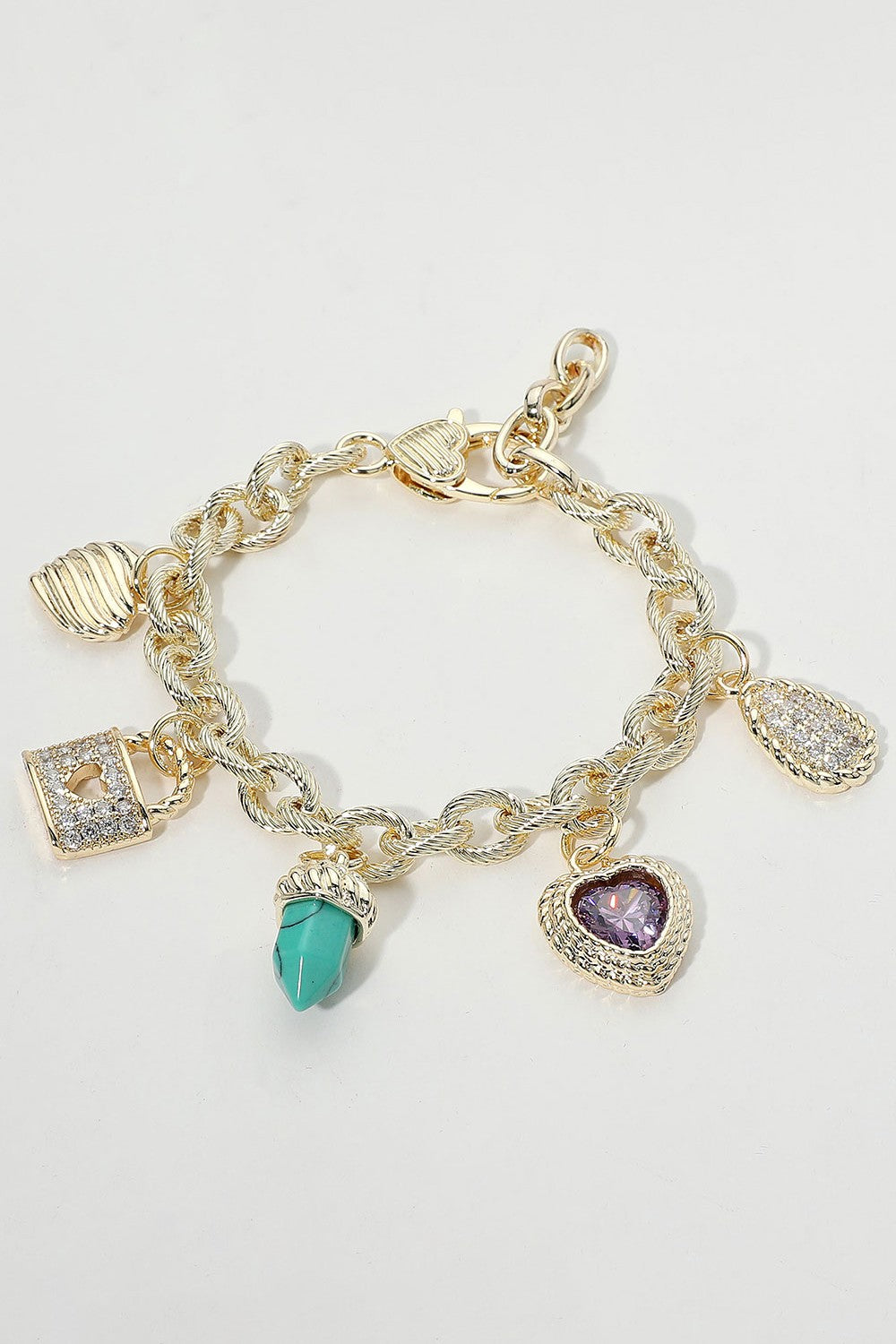14k Gold Paved Lock Heart Station Bracelet