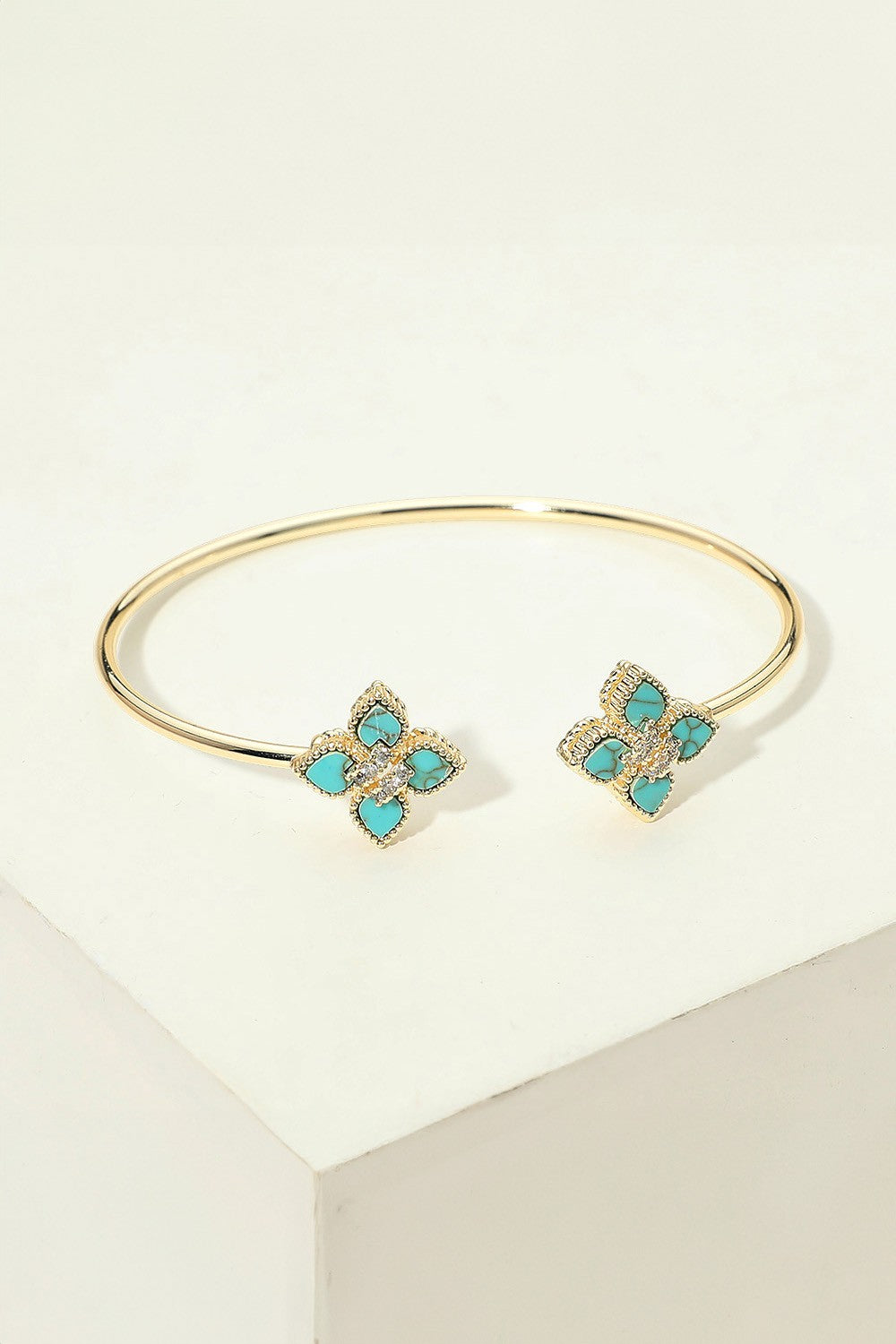 14k Pave Center Turquoise Stone Clover Tip Cuff Bracelet