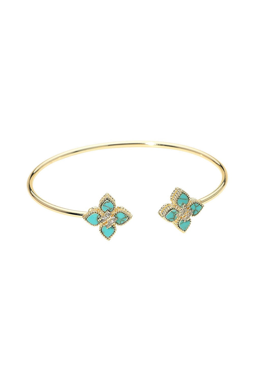 14k Pave Center Turquoise Stone Clover Tip Cuff Bracelet