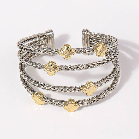 4 Layered Two-Tone Clover Braided Cuff Bracelet