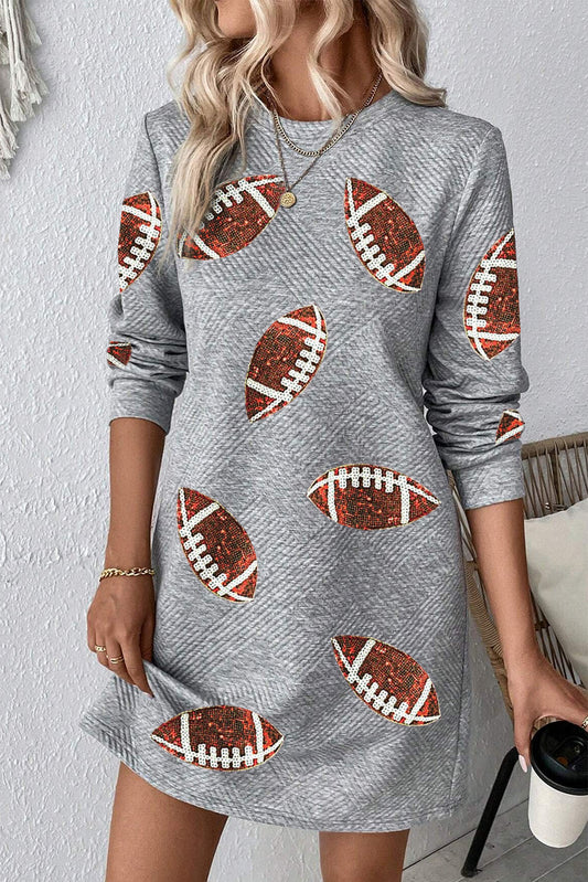Gray Sequin Football Graphic Textured Long Sleeve Shift Mini Dress
