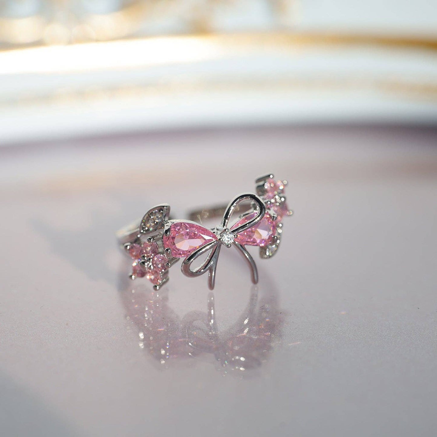 Pink Bow Knot Flower Leaf Adjustable Ring in Solid Copper